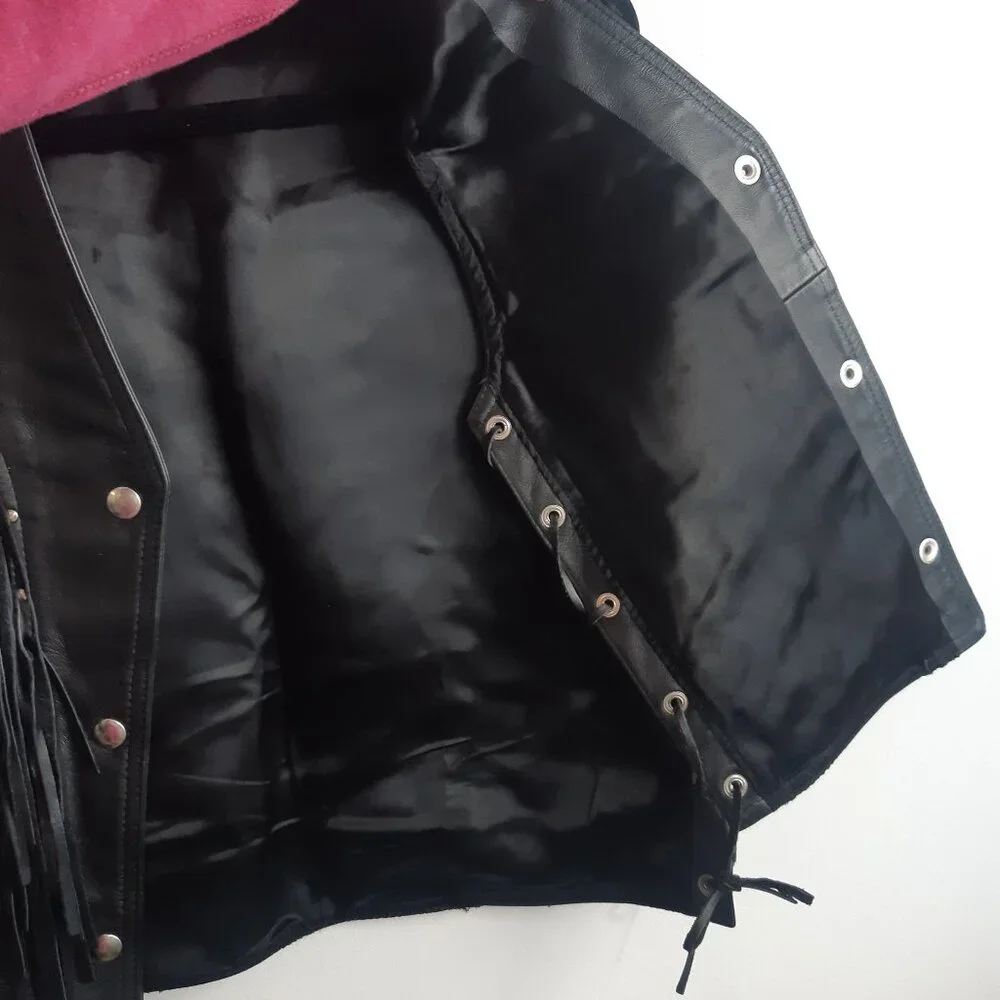 Vintage Genuine Leather Fringe Vest Biker Western Black Lace Up Made in Canada S - Picture 9 of 11